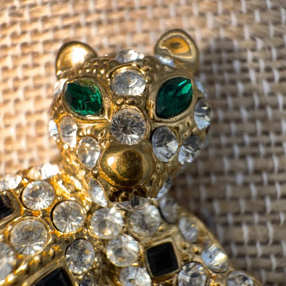Vintage Rhinestone‎ Leopard Panther Brooch Gold Tone Pave Crystal Big Cat Pin